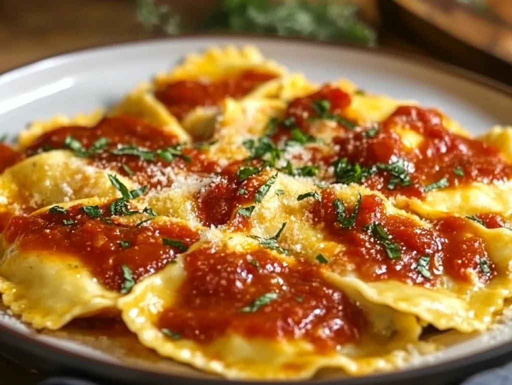 Chicken ravioli with tomato sauce