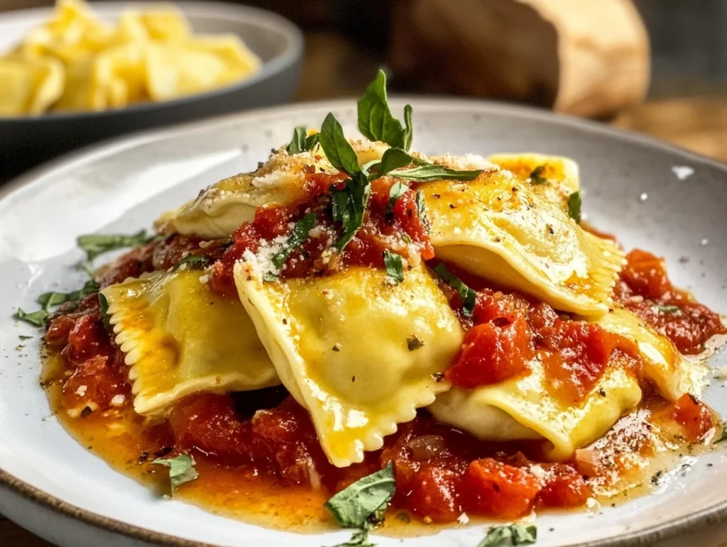 Chicken ravioli with tomato sauce