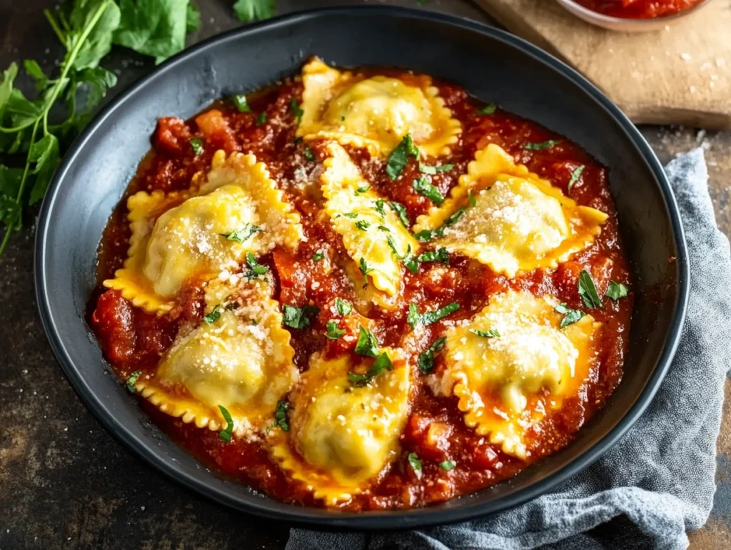 Chicken ravioli with tomato sauce