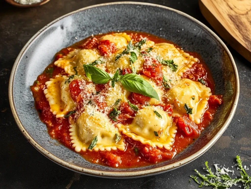 Chicken ravioli with tomato sauce