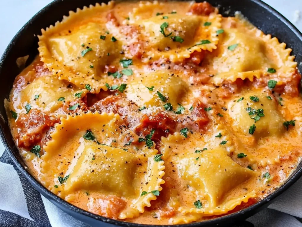 Ravioli with tomato cream sauce