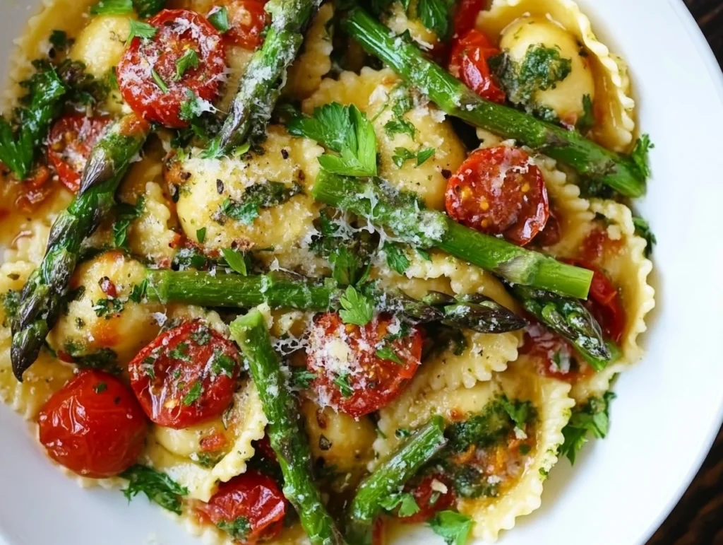 Ravioli with tomatoes and asparagus