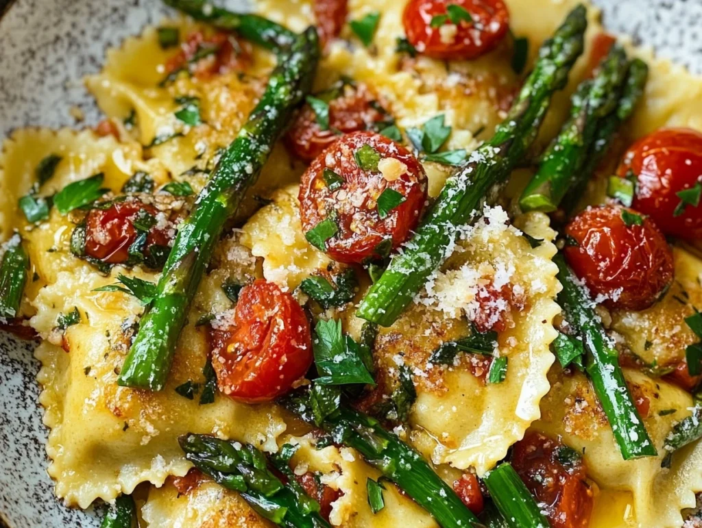 Ravioli with tomatoes and asparagus